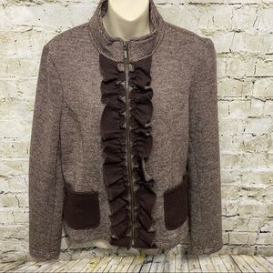 Ambition Brown Striped Ruffle Knit Wool Blend Zip Up Jacket Blazer